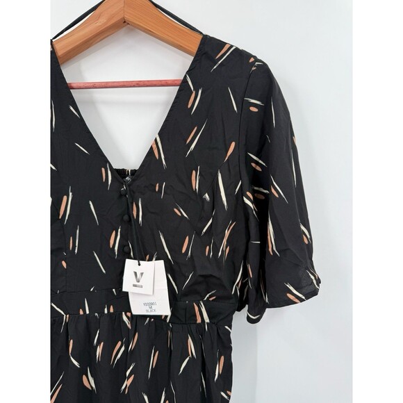 Very J Medium Dress Black Printed Smocked Midi Relaxed Flutter Short Sleeve NEW - Picture 2 of 9